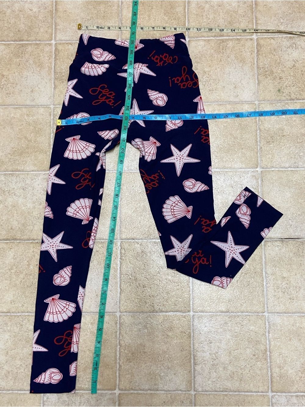 LuLaRoe Girls Navy Seashell & Starfish Print Leggings Sz Approximate 10-12 Tween